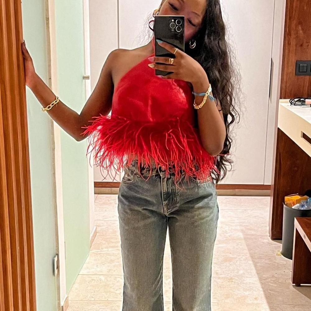 Lamarque Red Feather Halter Top